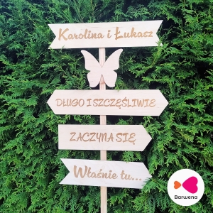 Drogowskaz ślubny - 4 tabliczki + dekor motyl